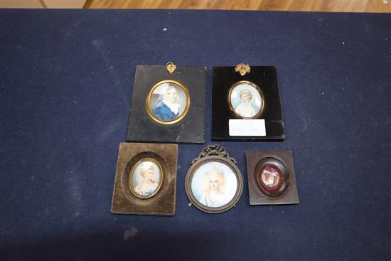 Five 19th century oval portrait miniatures